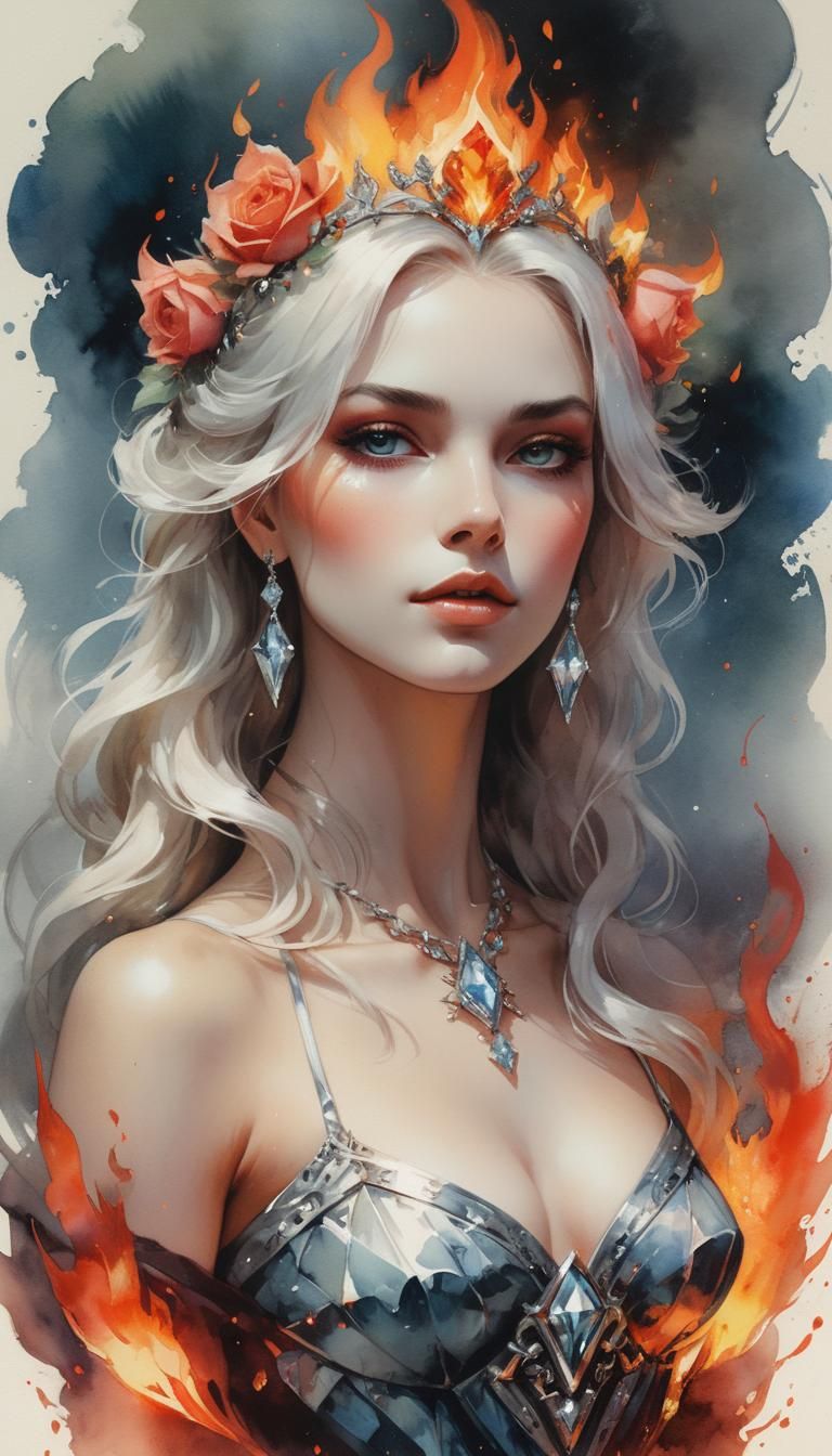 Fiery Diamond Queen Portrait in Watercolor Style