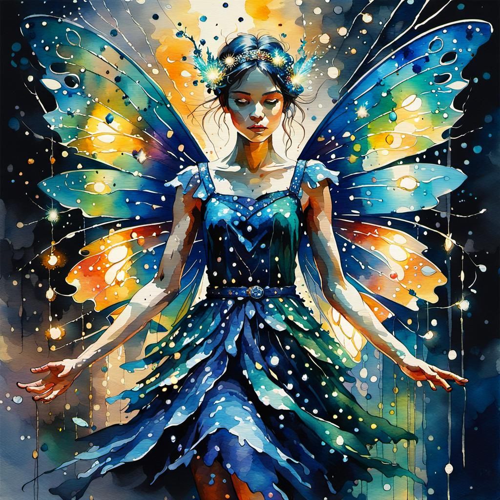Colorful Fairy Amidst Fairy Lights in Watercolor
