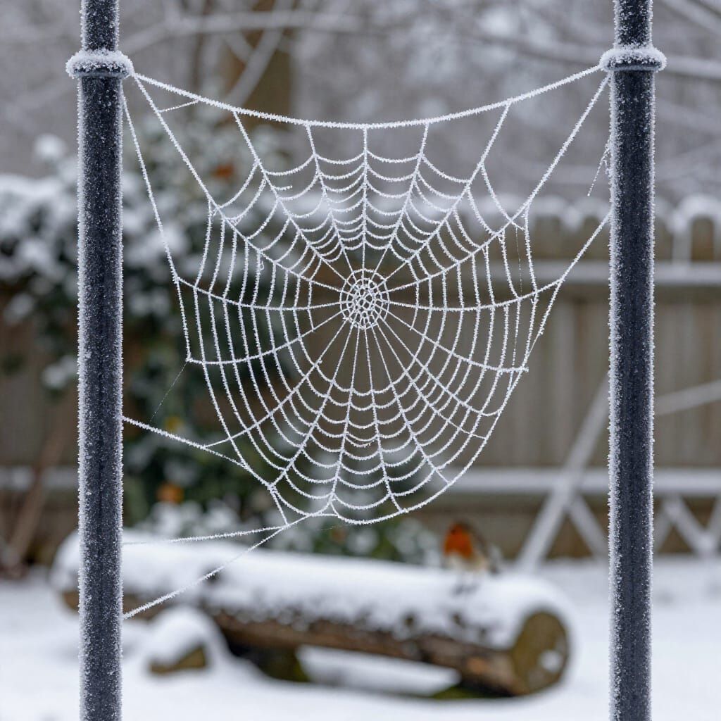 Frozen Spider Web in Snowy Garden with Robin