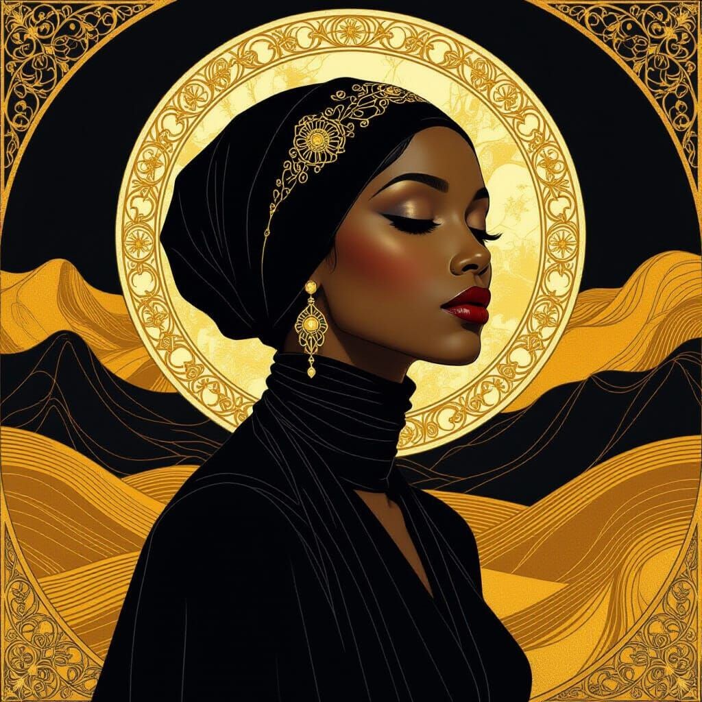 Surreal Portrait of a Black Woman in Art Nouveau Style