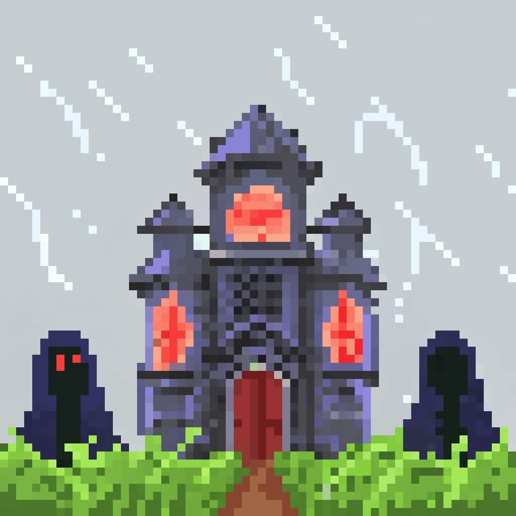 Gothic Pixel Art Castle with Twisted Gardens and Hooded Figu...