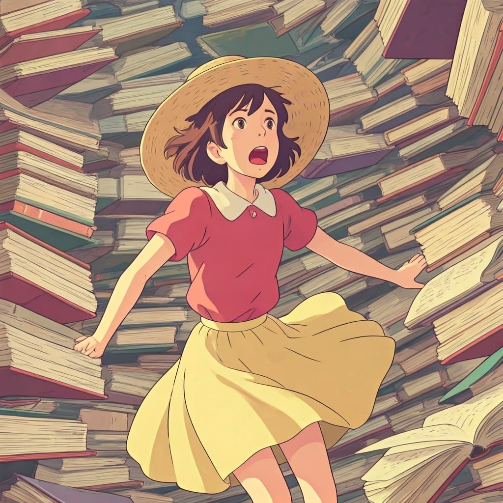 Studio Ghibli Girl Floating in Book Vortex
