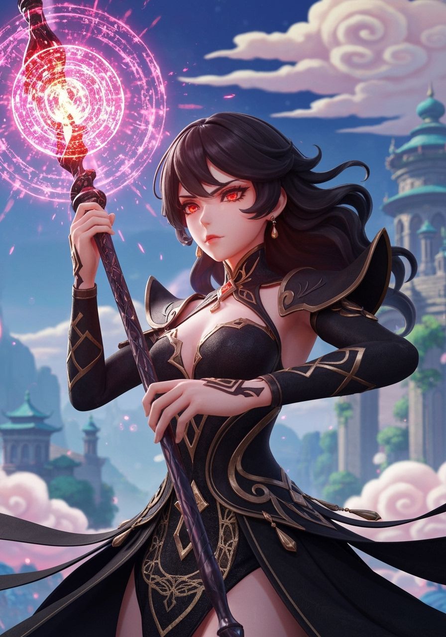 Determined Sorceress with Magic Staff in 3D Anime Style