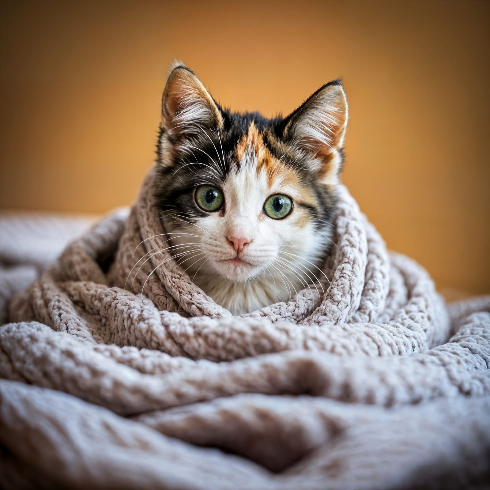 Calico Cat Snuggled in Soft Blankets