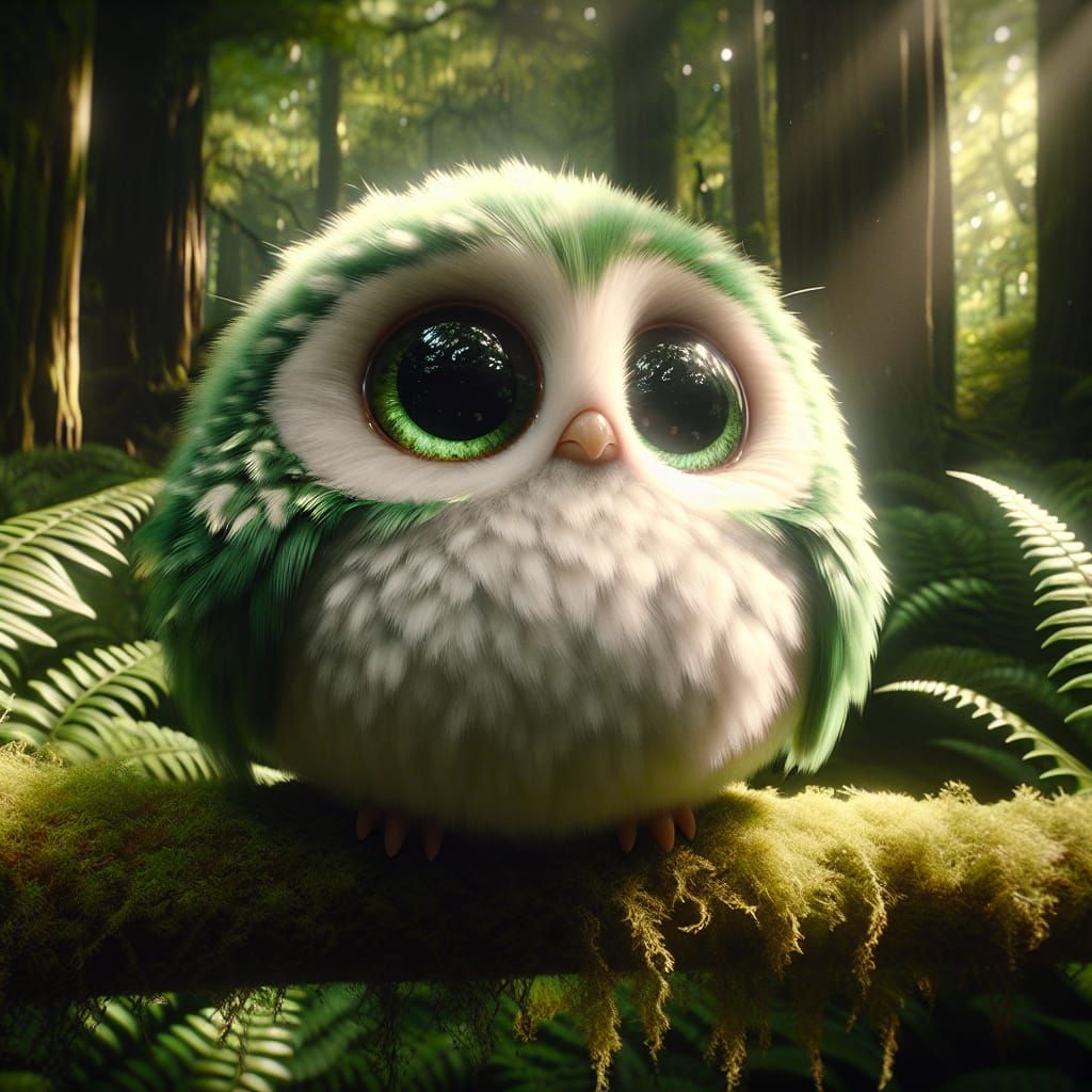 Adorable Bird Creature on Mossy Branch in Magical Forest