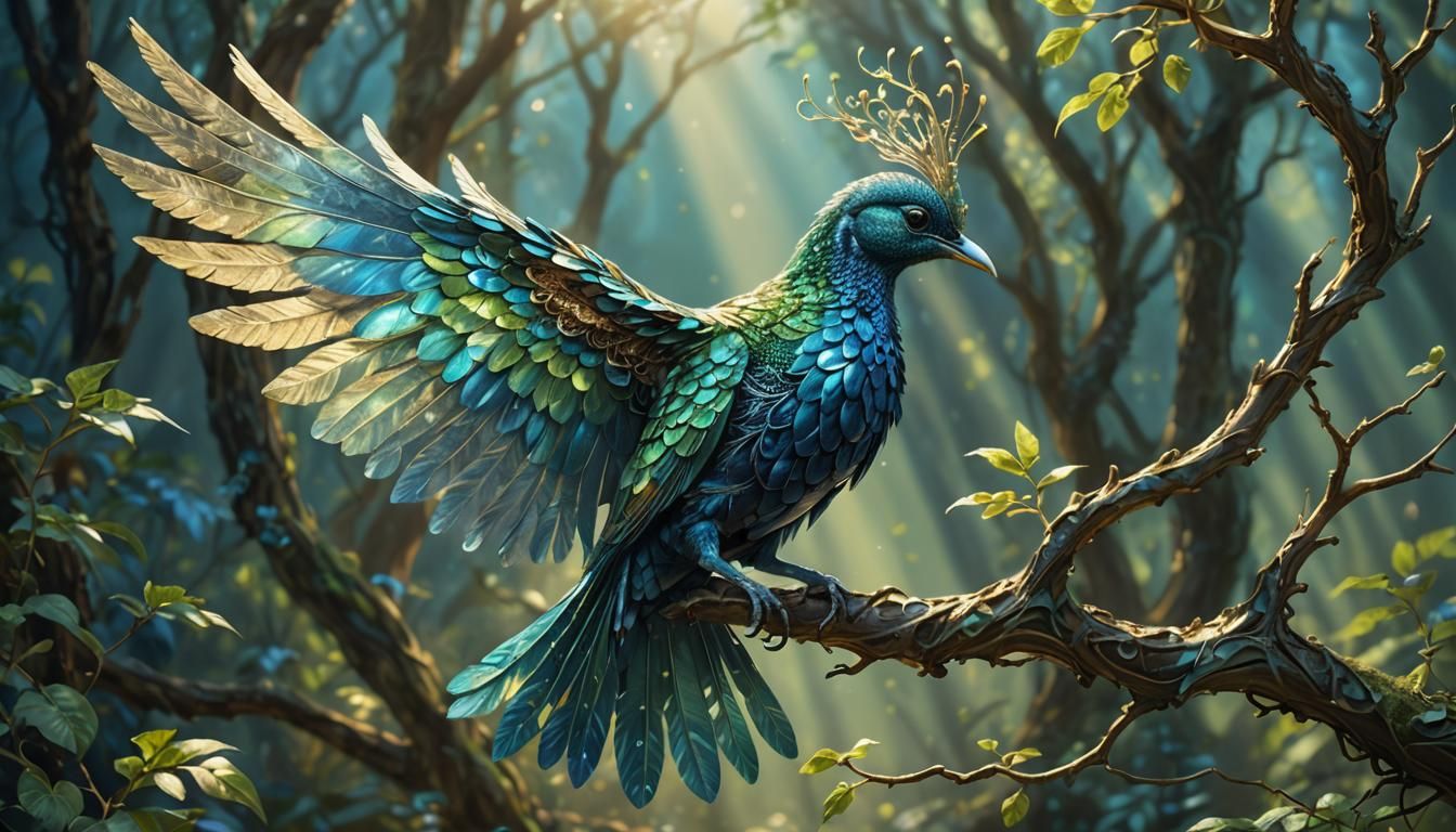 Iridescent Bird with Lacy Wings: Surreal Concept Art