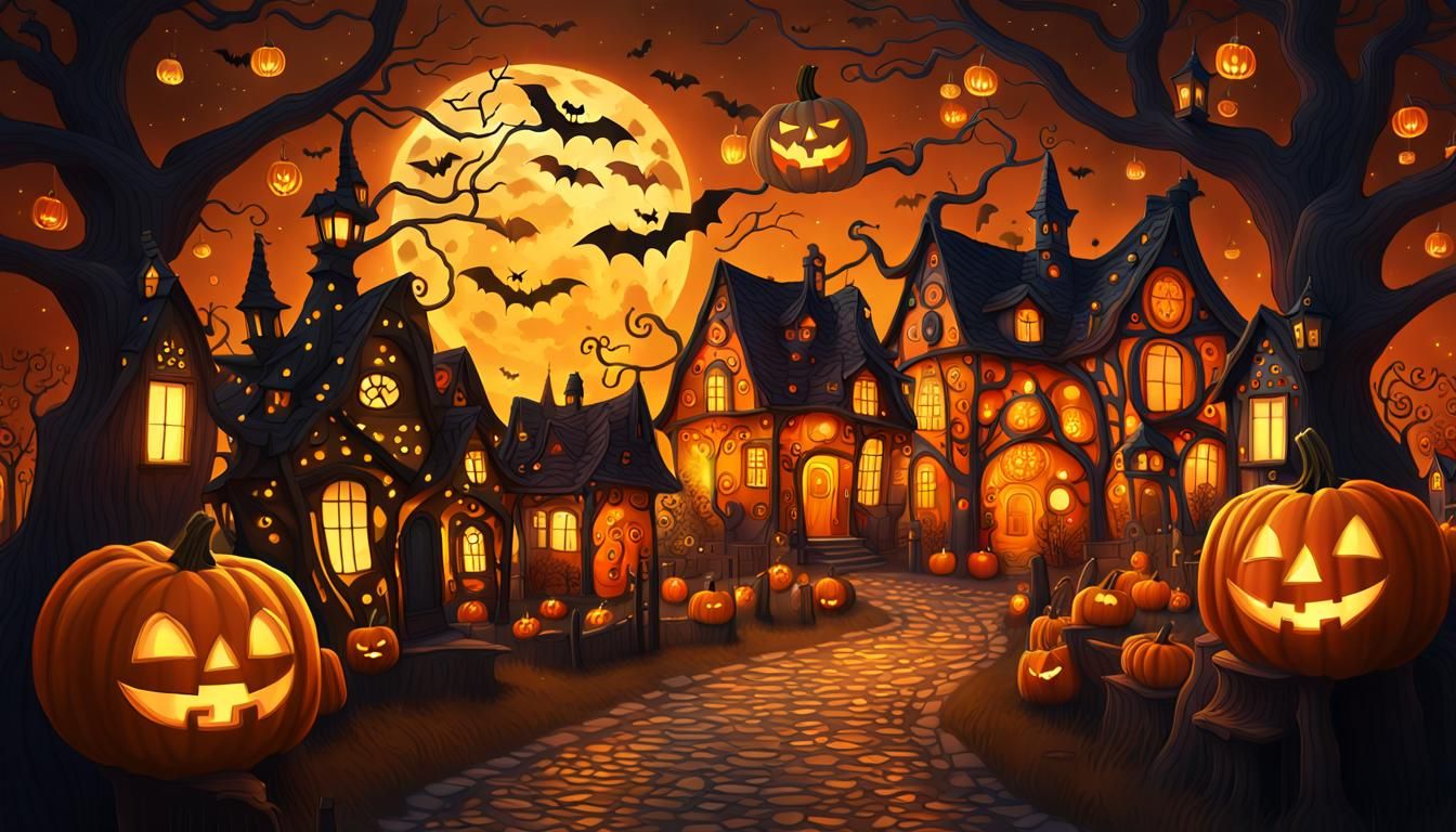 Halloween Village in Klimt Style Digital Art