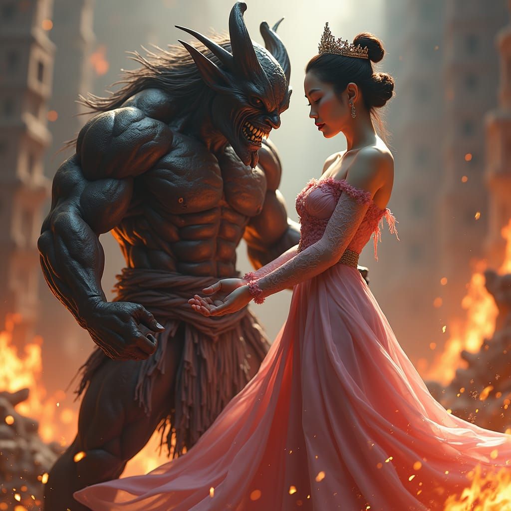 Asian Queen Embraced by Demon Warlord, Dark Fantasy Art