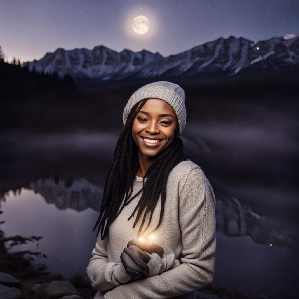 Nighttime Selfie of Smiling Woman in Mountains