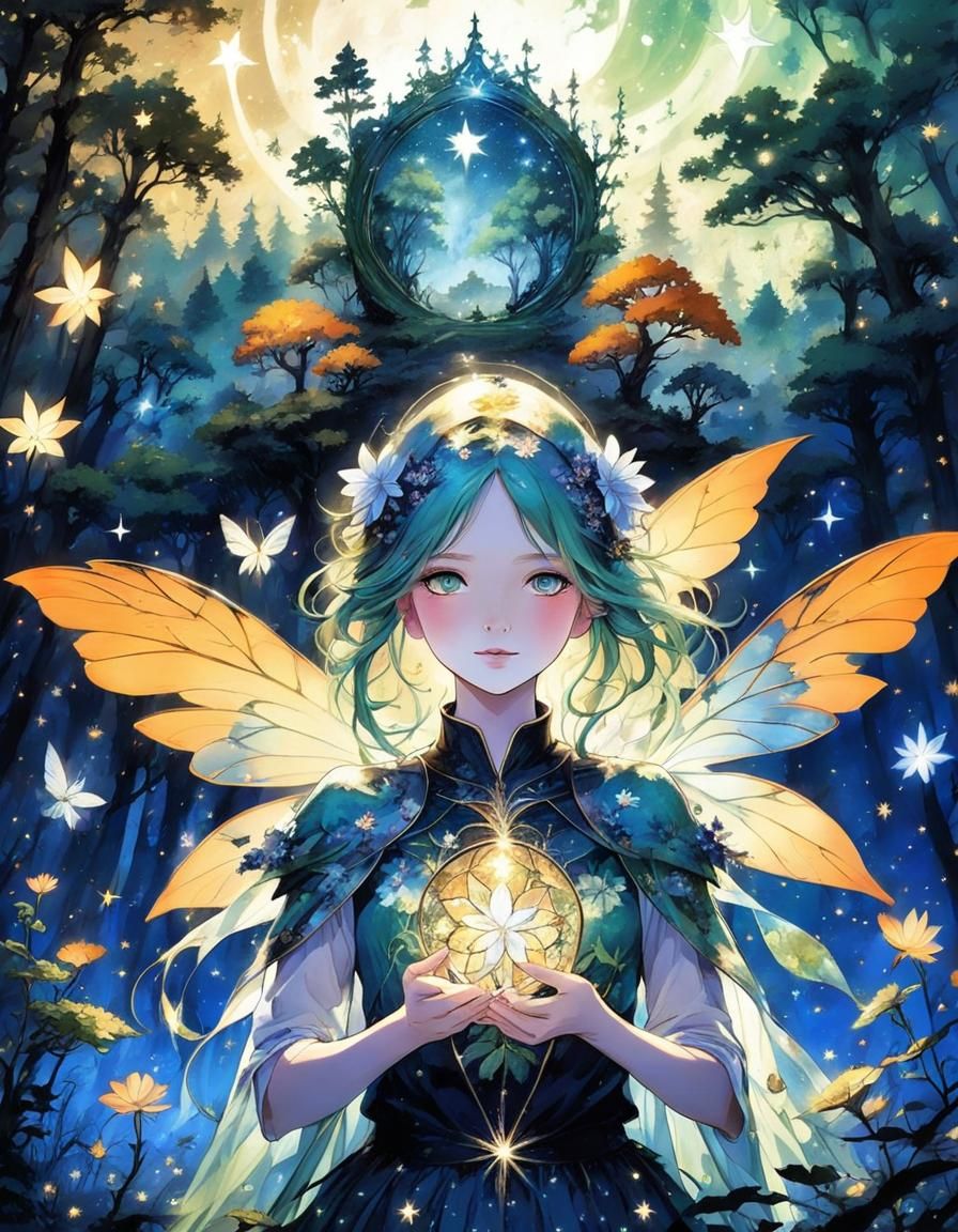 Ethereal Woodland Fairy Double Exposure in 2.5D Anime Style