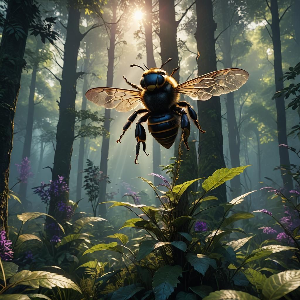 Giant Bee in Fantasy Forest, Arthur Rackham Inspired