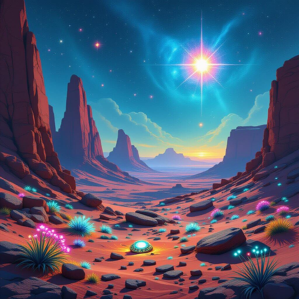 Alien Desert Ruins with Glowing Flora