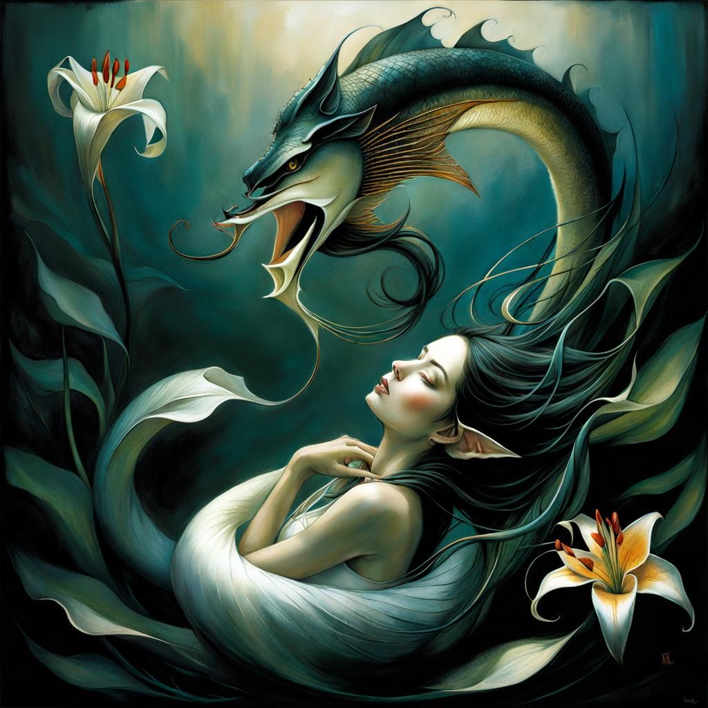 Lamia in Lagoon with Lilies, Symbolist Art