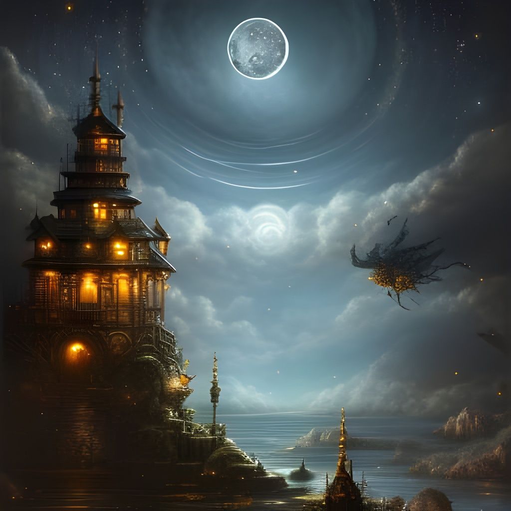 Clockwork Bonsai Town Under Moonlit Sky