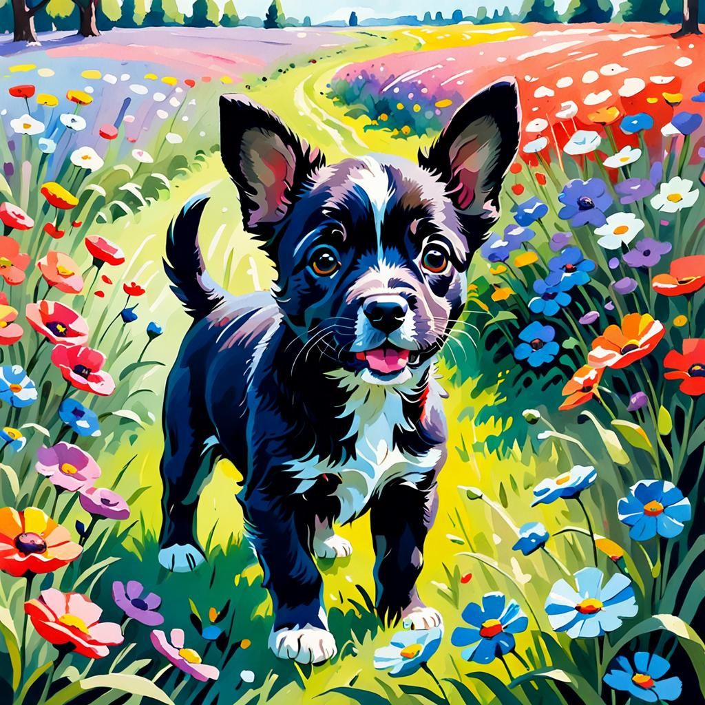Puppy in Flower Meadow as Gouache Painting