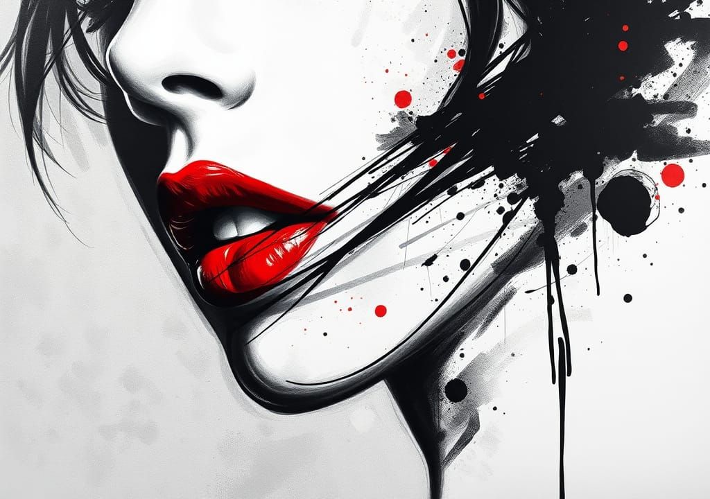 Monochrome Portrait with Red Lips in Digital Ink Style