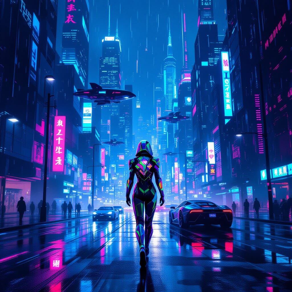 Cyberpunk Cityscape at Night with Lone Figure