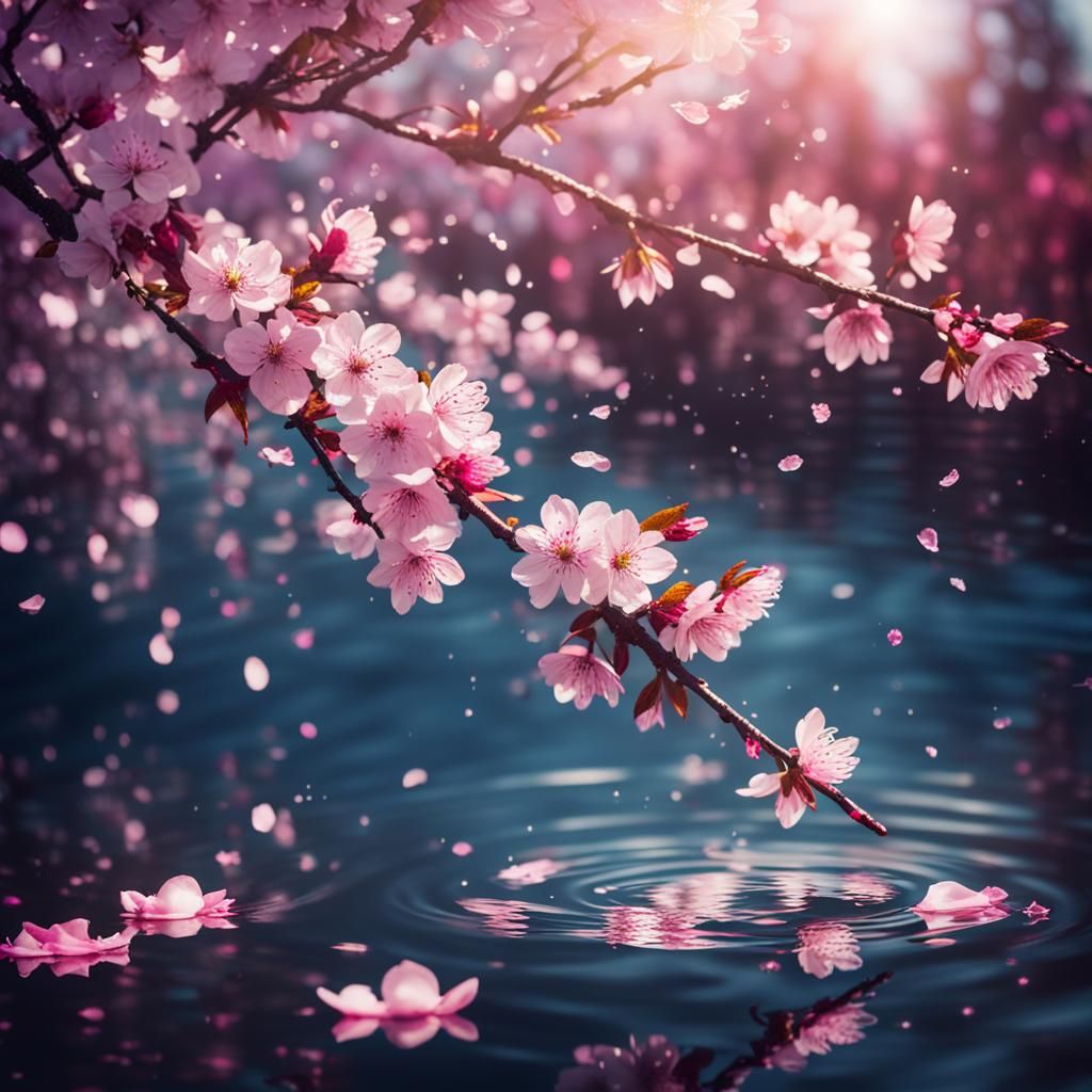 Cherry Blossom Lake with Bokeh and Glitter