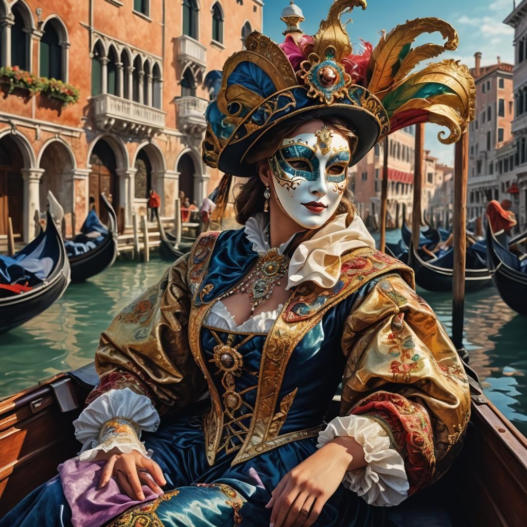 Venice Carnival Masked Woman in Gondola