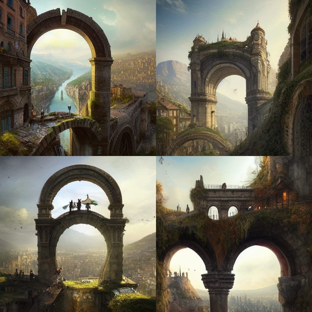 Vertical City Through Stone Archway, Hyperdetailed Digital P...