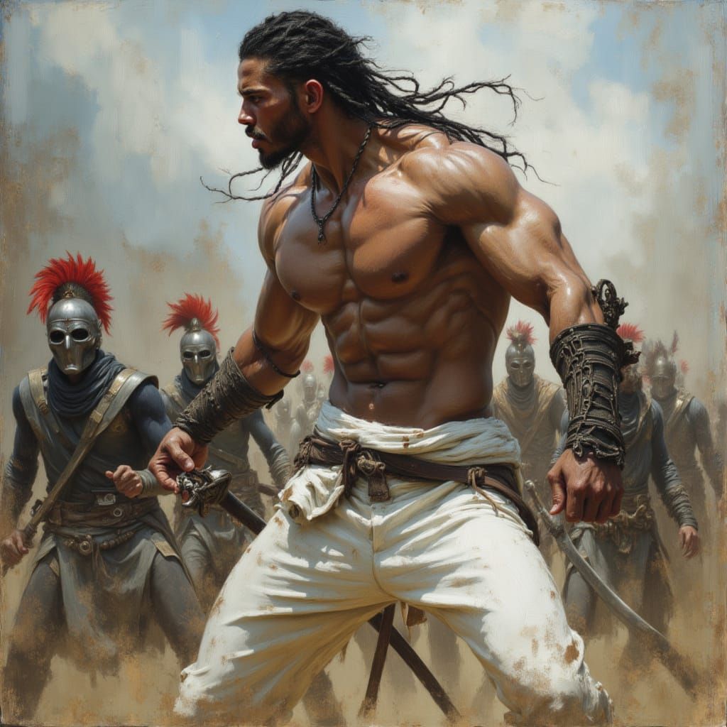 Warrior God Clutches Sword Against Ninjas, Brushed Oils Styl...