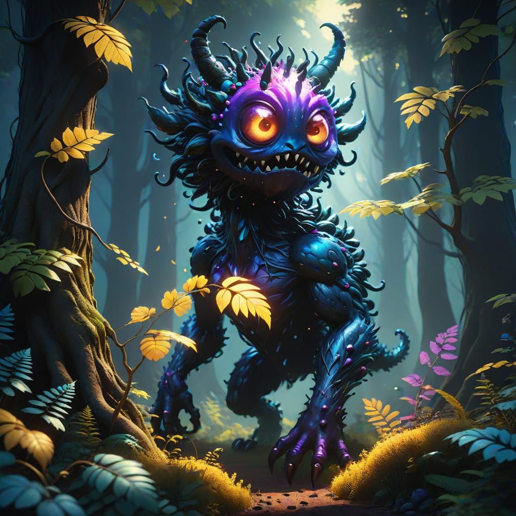 Surreal Fantasy Creature in Iridescent Forest