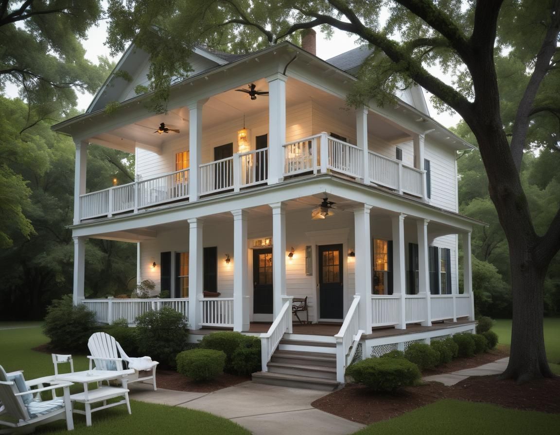 Quaint White House with Wraparound Porch and Fireflies