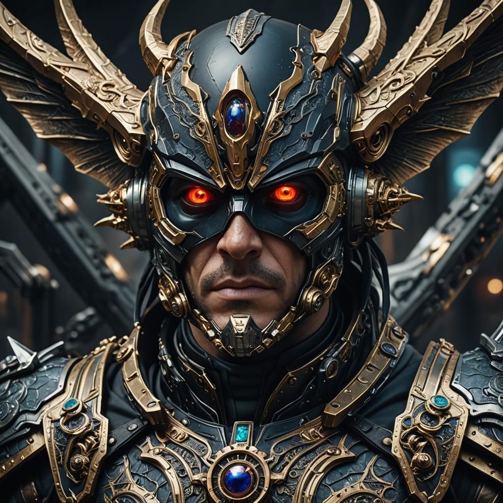 Cyclops Villain Portrait with Bat Wing Amulet in Cyberpunk S...