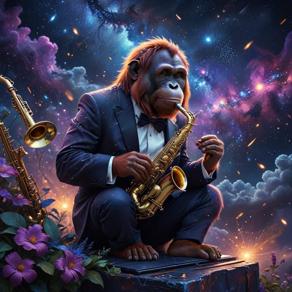 Orangutan playing saxophone