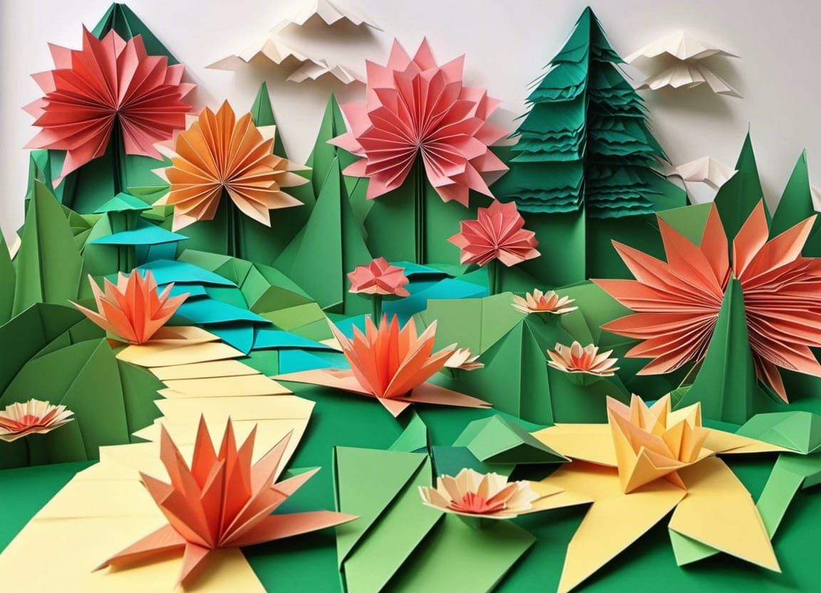 Origami Style Garden Landscape in Paper Art