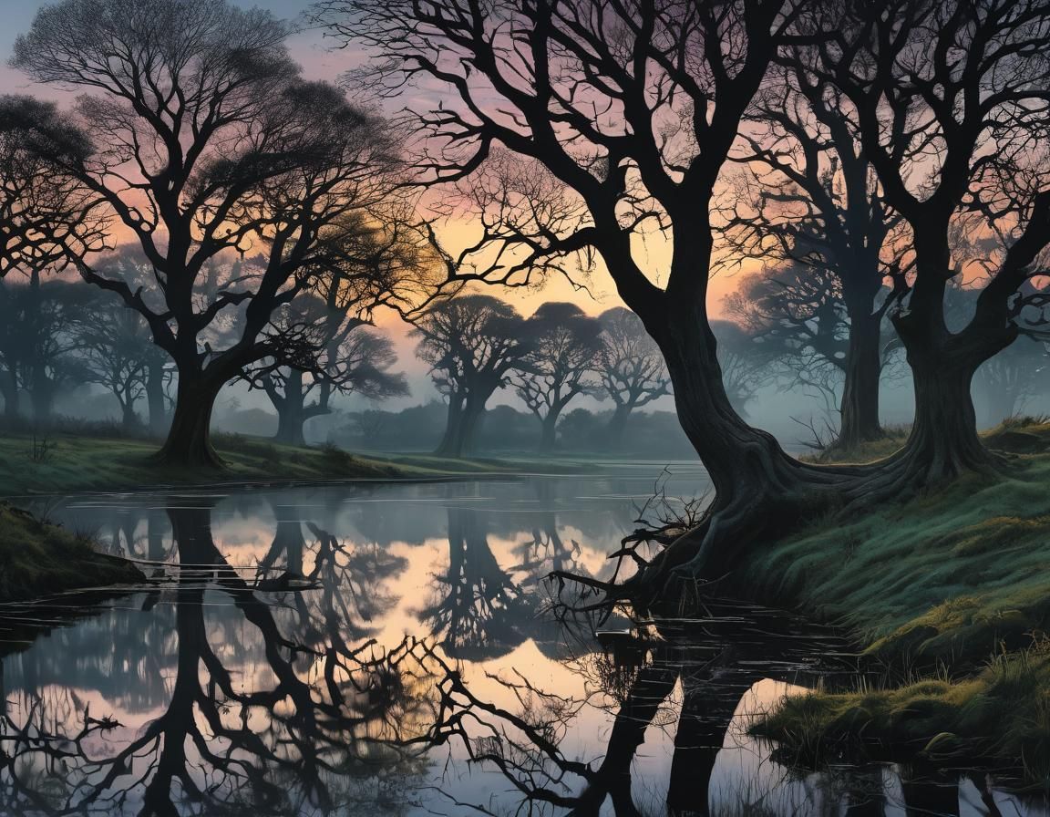 Peaceful Evening Landscape in Monotype Style