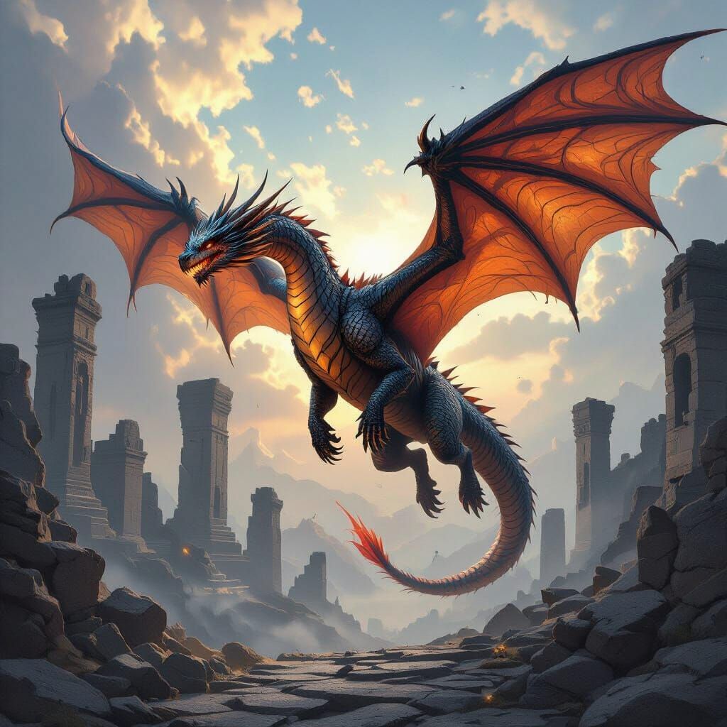 Dragon Soars Over Ruins in Epic Fantasy Sports Poster