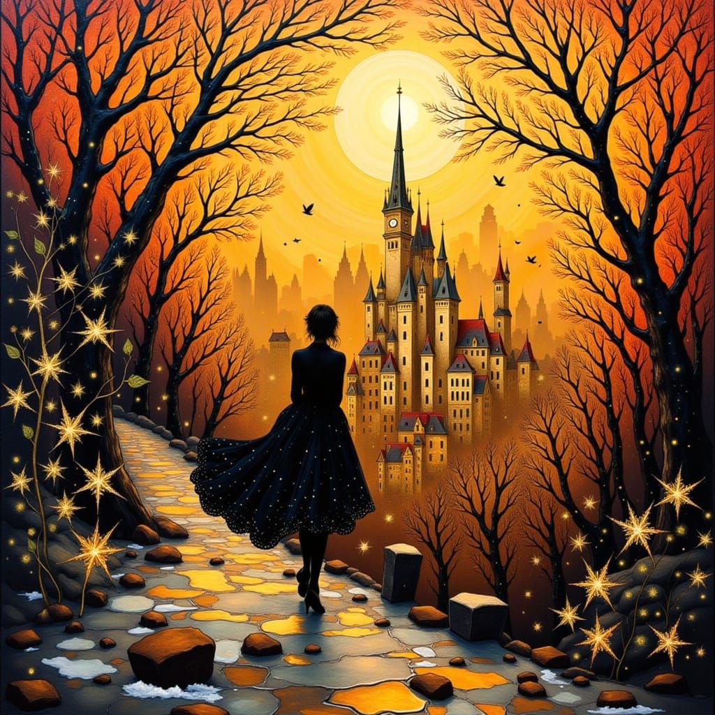 Christmas Cityscape at Sunset in Ochre and Gold