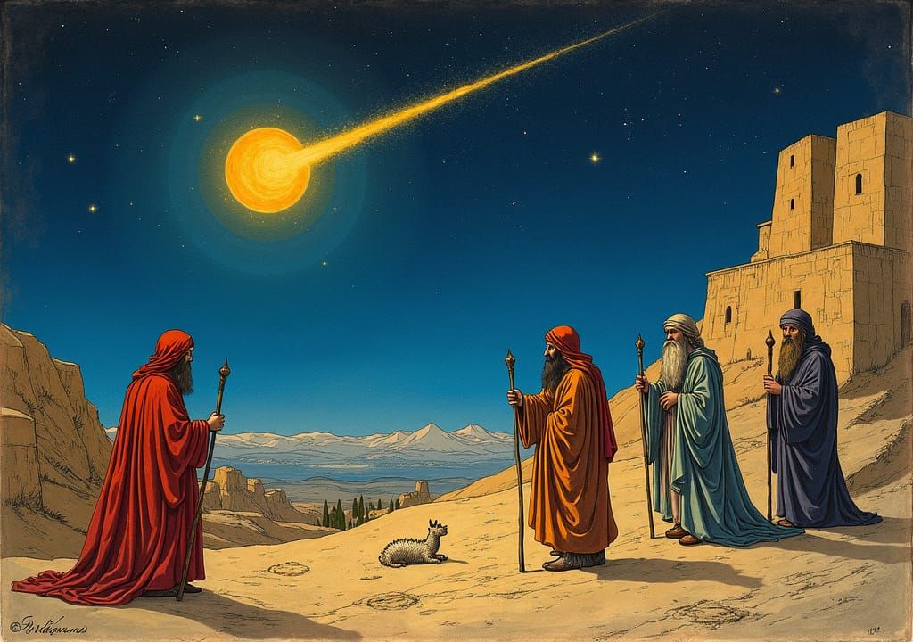 Magi See Comet Over Bethlehem in Renaissance Style