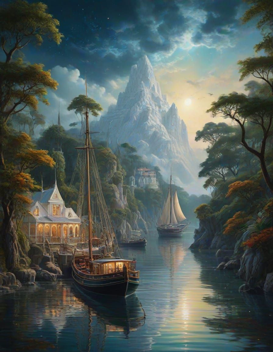 Hyperrealistic Harbor in a Celestial Jungle City