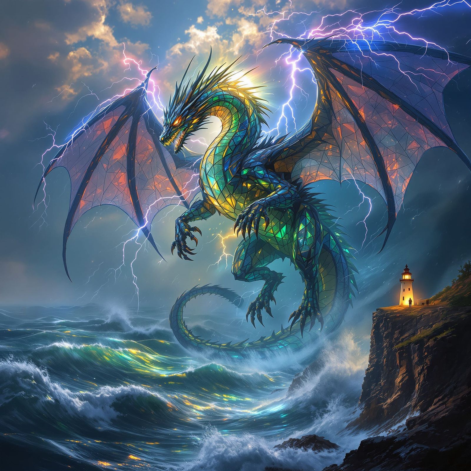 Stained Glass Dragon Commands Stormy Seas