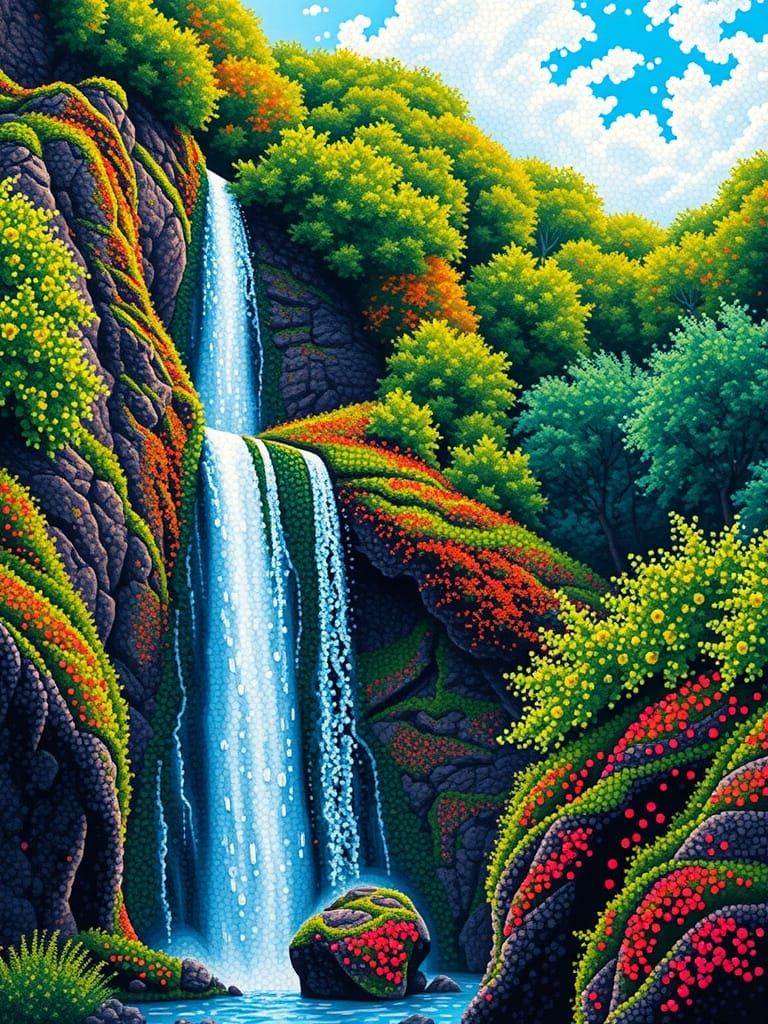 Pointillist Waterfall Landscape in Colorful Dots