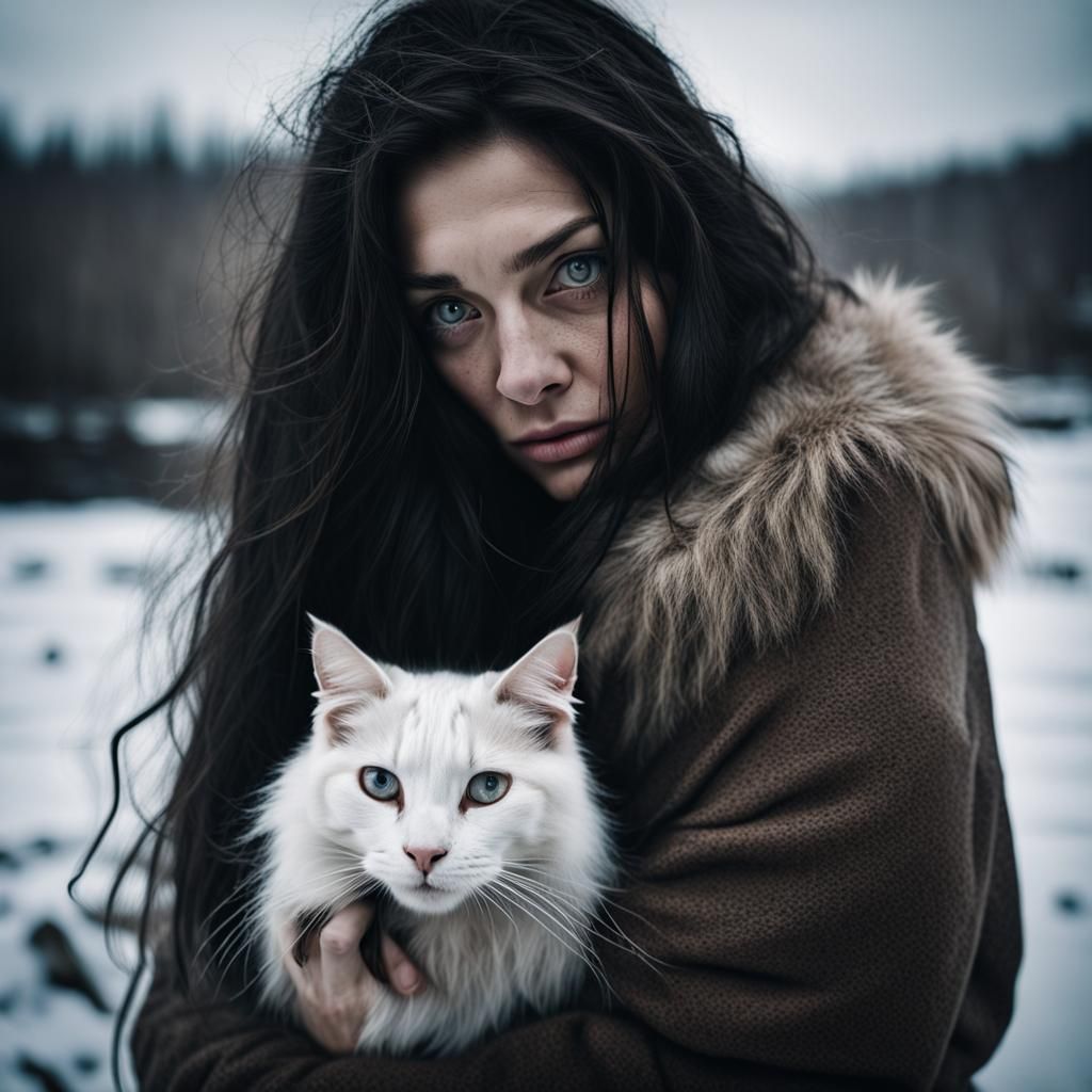 Winter Woman with Cats: Hyperrealistic Portrait