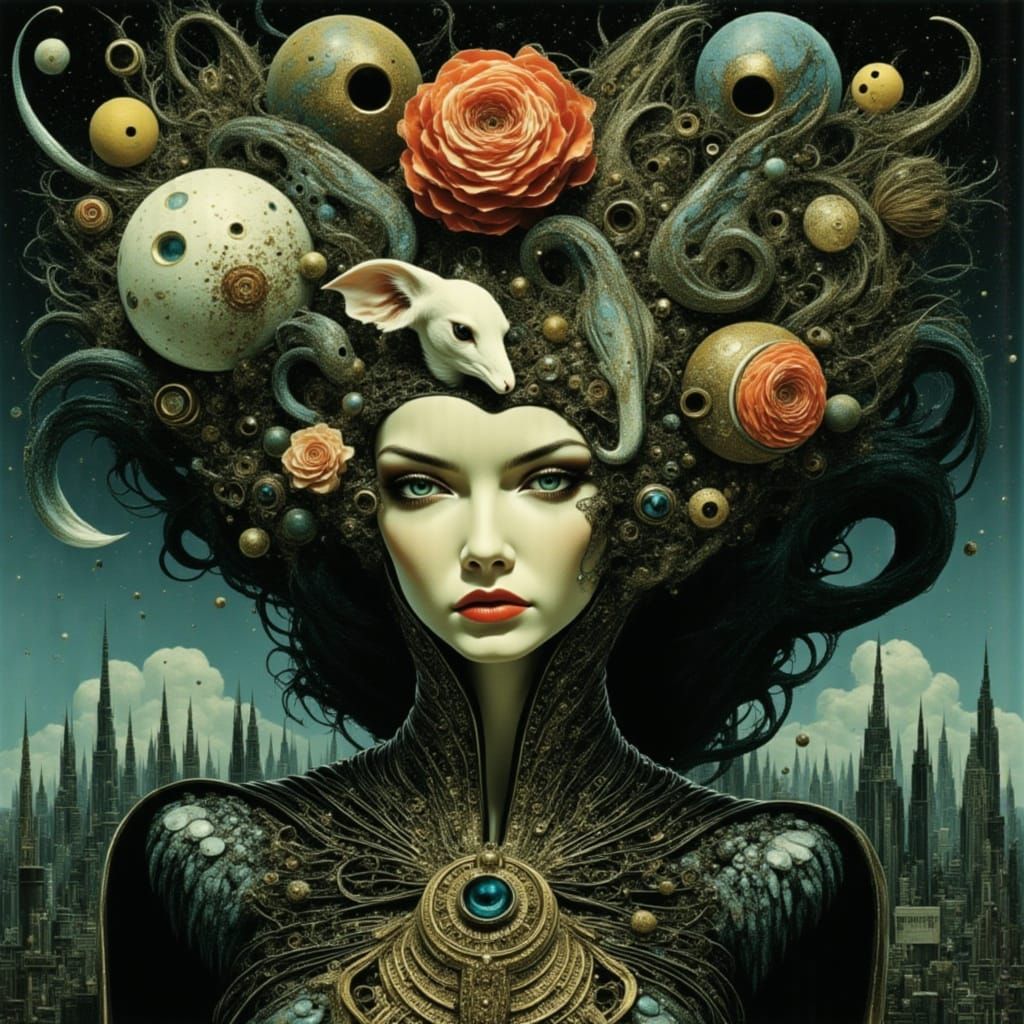 Surreal Cityscape with Fragmented Identities and Turmoil