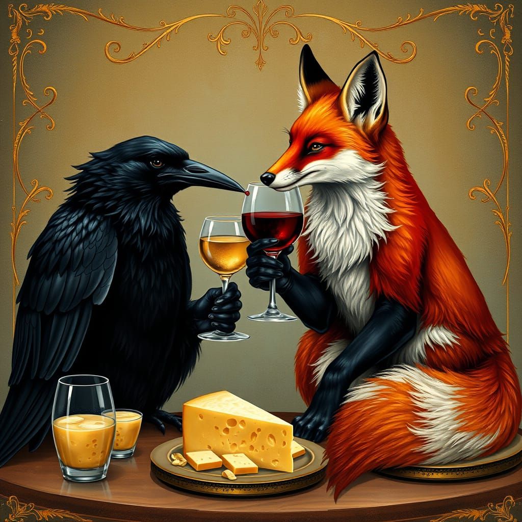 Raven and Fox Savoring Wine in Art Nouveau Style