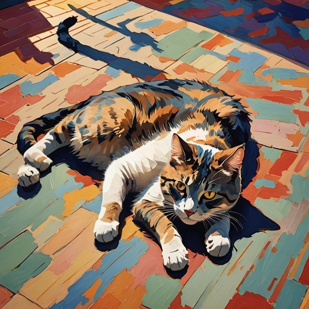 Cat Contemplates Shadow Silhouette on Floor