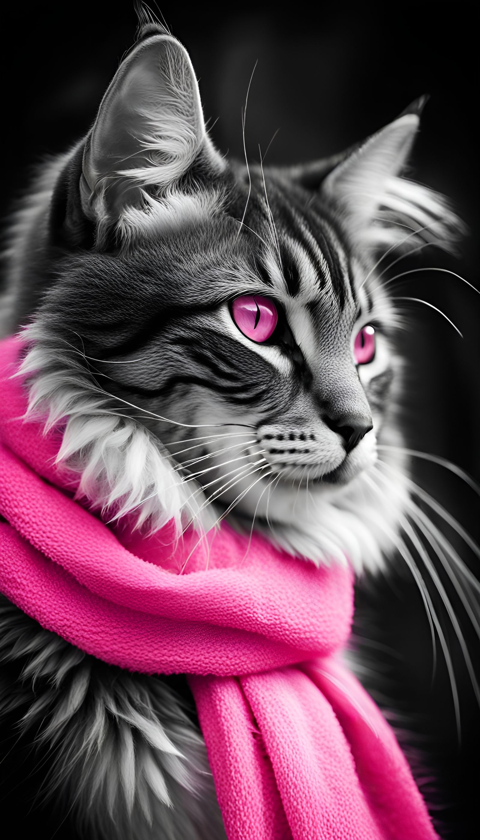 Monochrome Cat Portrait with Neon Pink Scarf