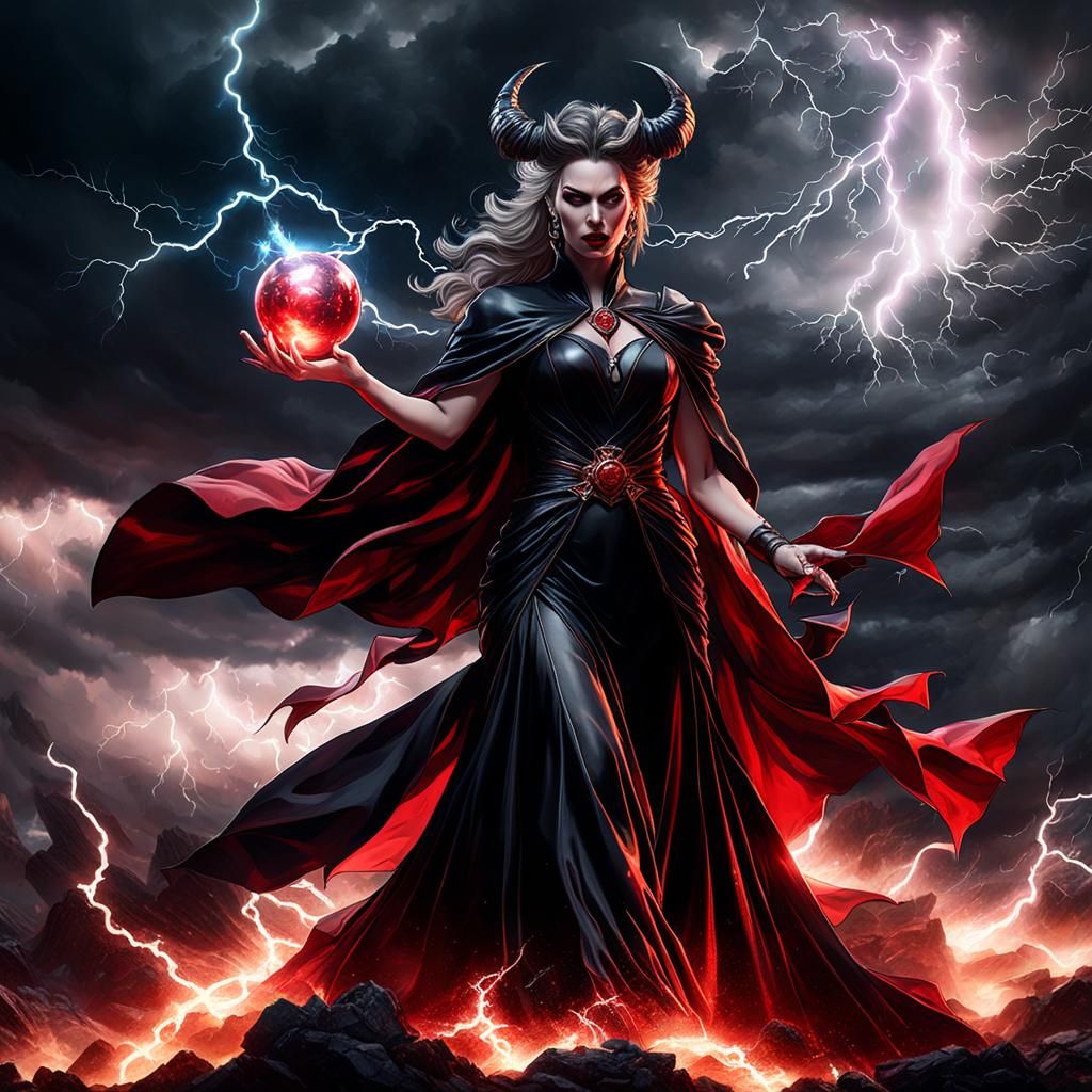 Dark Fantasy Woman Conjures Storm with Orb