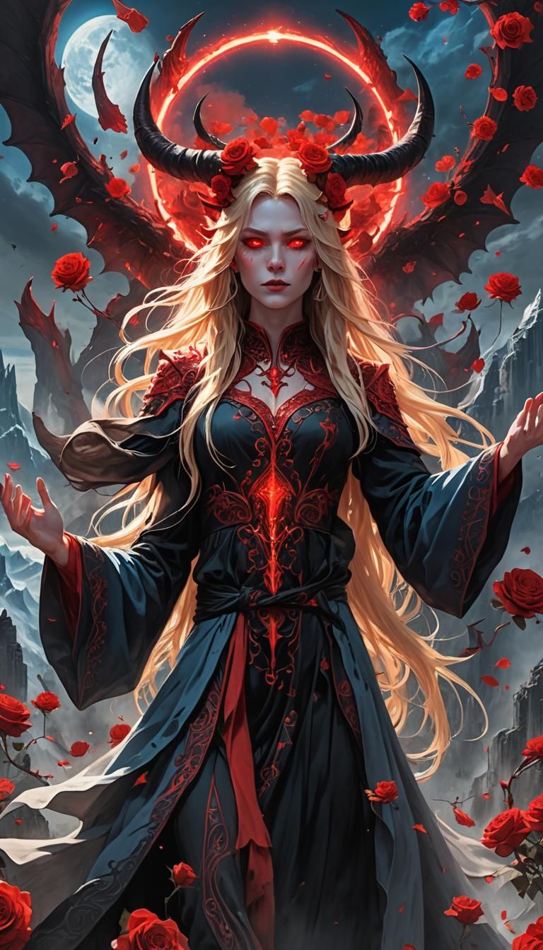 Demonic Beauty with Scarlet Halo in Digital Painting