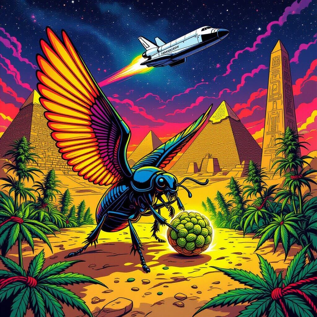 Scarab Beetle Rolling Cannabis Bud, Comic Book Art