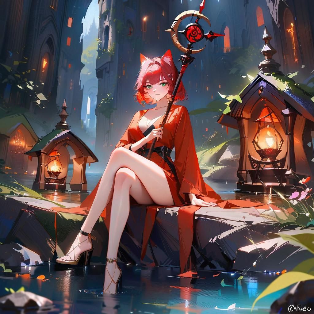 Cat-Girl Mage with Staff in Forest Pond Scene