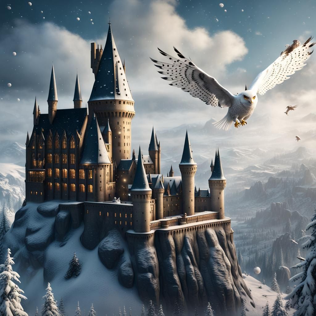 Hedwig Flies Over Snowy Hogwarts: Fantasy Concept Art