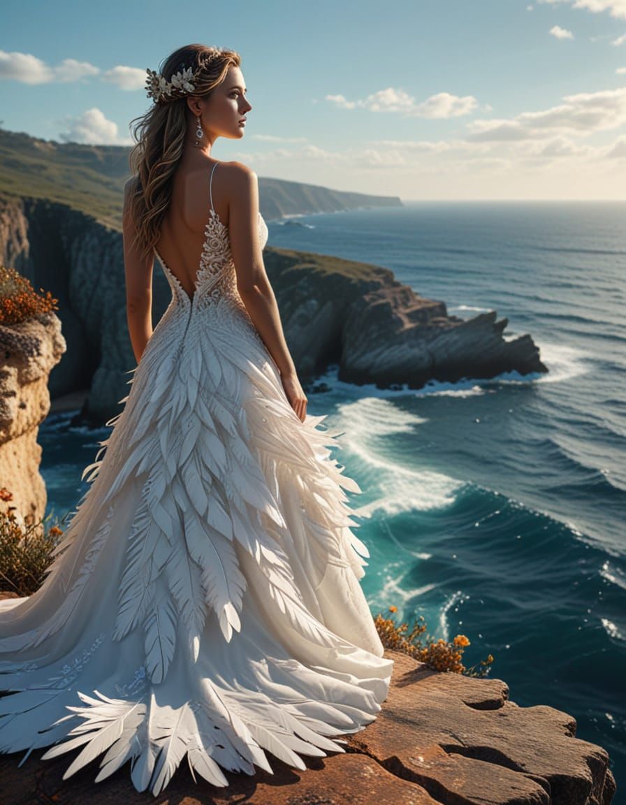 Woman in Wedding Dress on Cliff: Digital Art