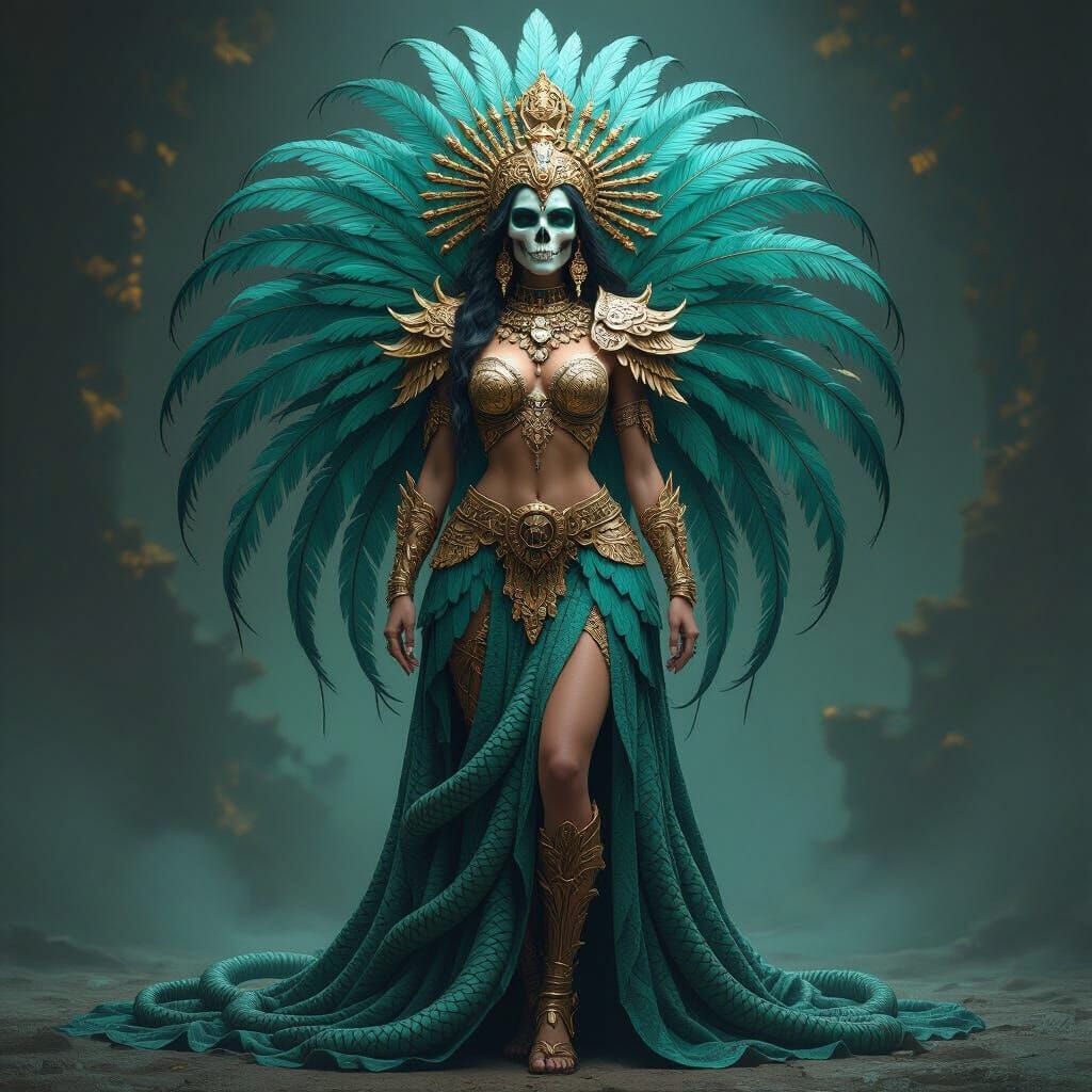 Aztec Goddess of Death in Serpent Skirt and Bone Crown
