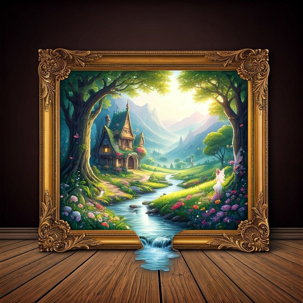 Fantasy Realm Oil Painting with Elves and Fairies